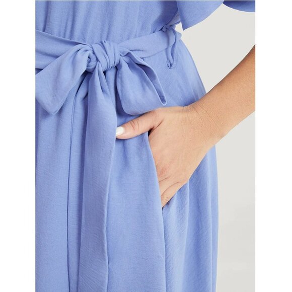 NWT BloomChic Blue Laser Cut Pocket Belted Frill Trim Off Shoulder Dress 12/L - Picture 11 of 12